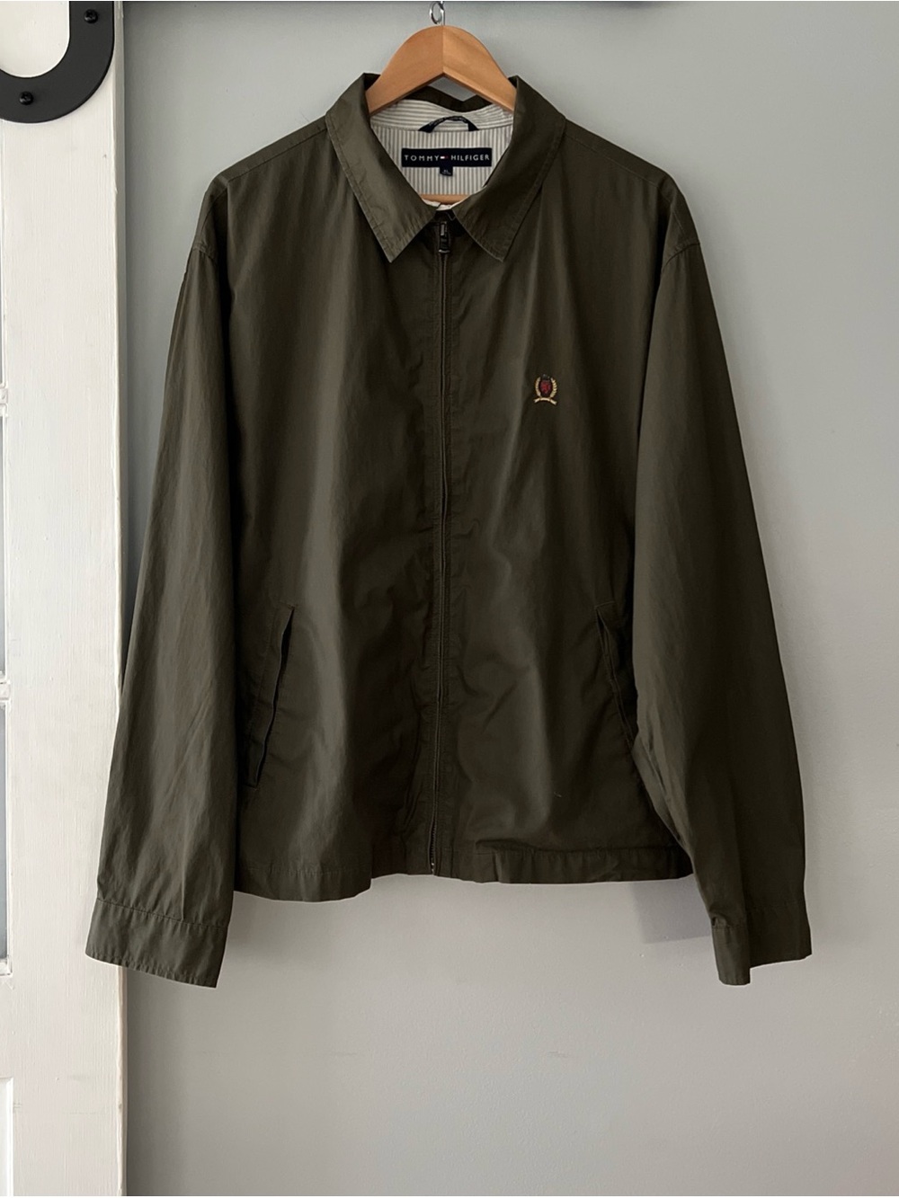 VTG Tommy Hilfiger Harrington Jacket Khaki/ Olive Green Full Zip Cotton Poly